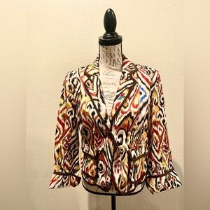 Christopher & Banks Multicolor Ikat-Print Blazer with Brown Trim